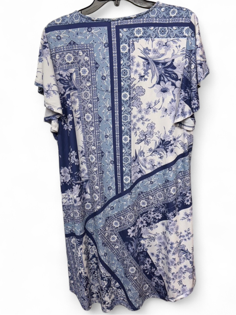 Moda Blue Floral Mixed Print Flutter Sleeve Dress XL 16-18 Crochet Lace Accent - Picture 6 of 6